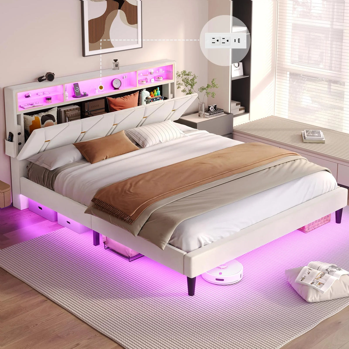 Queen Size Dark Gray Bed Frame with Bookcase Headboard and USB Ports W3766