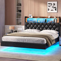 Queen Size Upholstered Platform Bed with LED Light Charging Station Storage Headboard Linen Fabric Dark Grey C6031