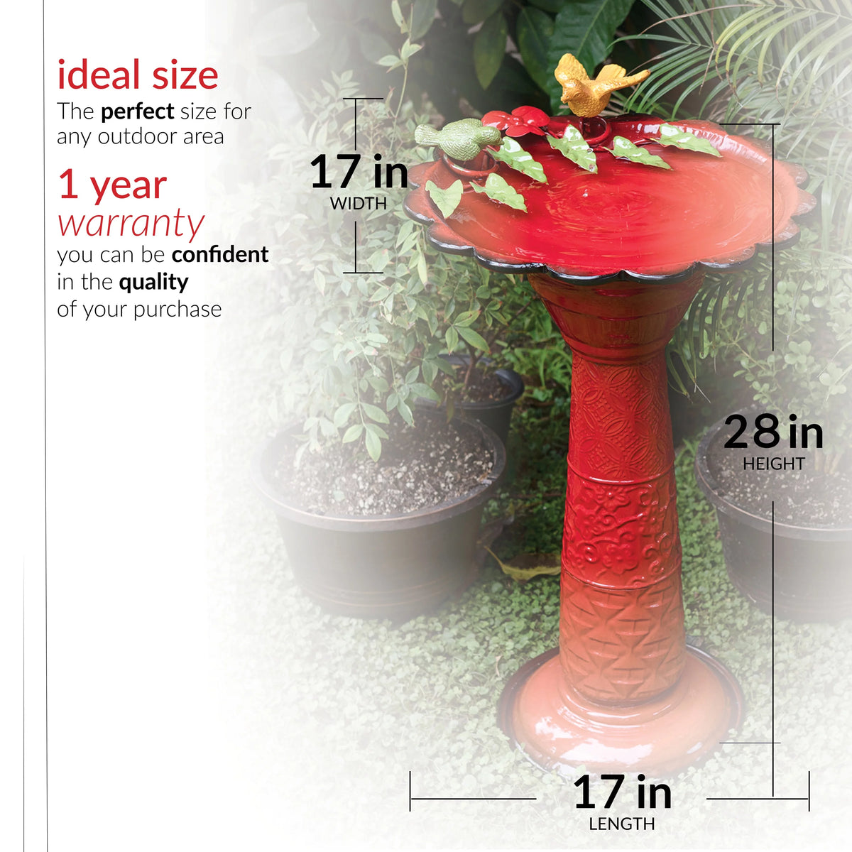 28-Inch Metal Bird Bath with Birds and Leaves, Red K93301