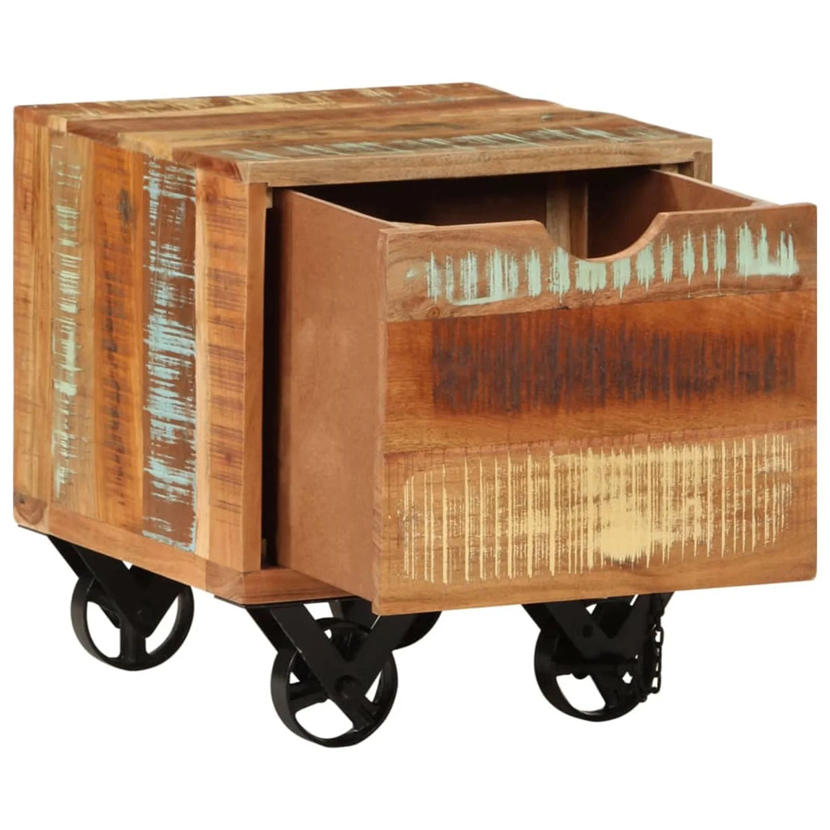Side Table with Storage Drawer and Wheels Reclaimed Wood K485791