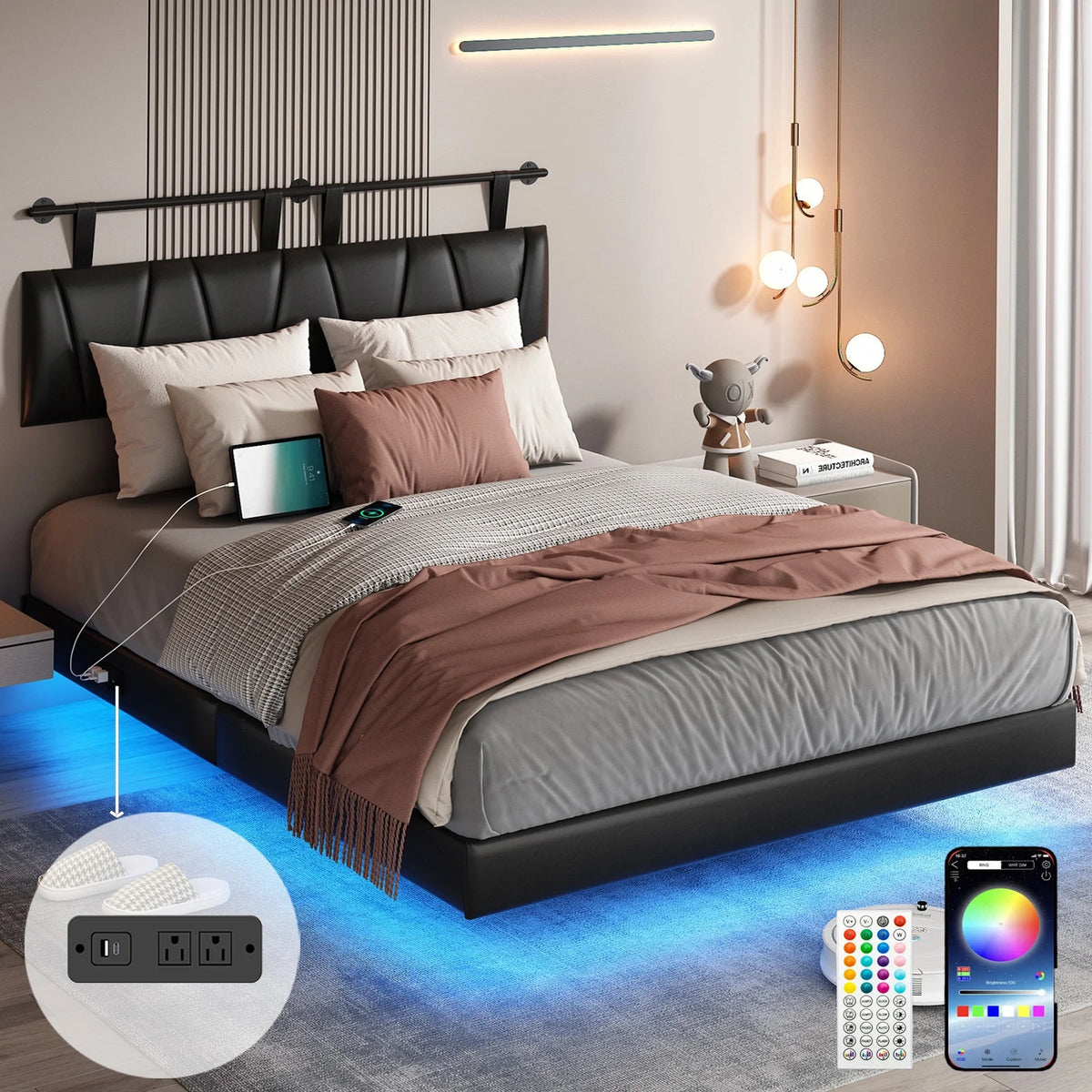 King Size Floating Bed Frame with LED Light & Power Charging Station A98584