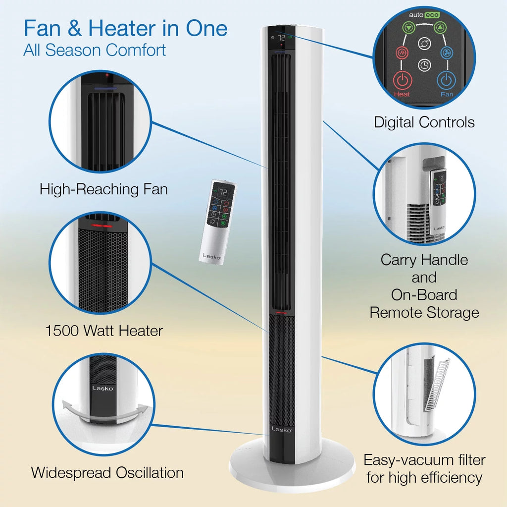 1500W Tower Fan & Space Heater with Timer and Remote, White I691440