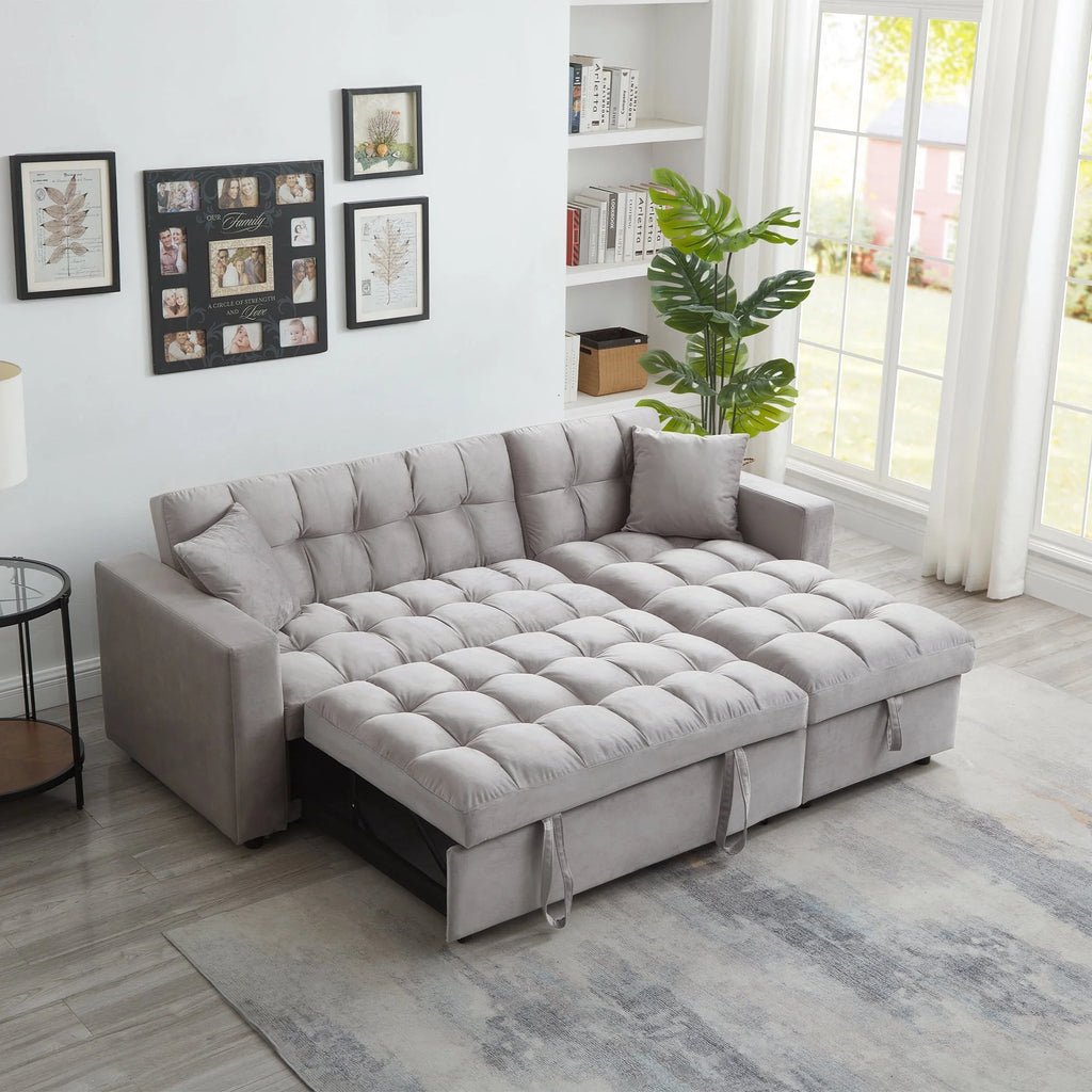Queen Size L-Shaped Sleeper Sofa Bed with Storage Chaise Y33526