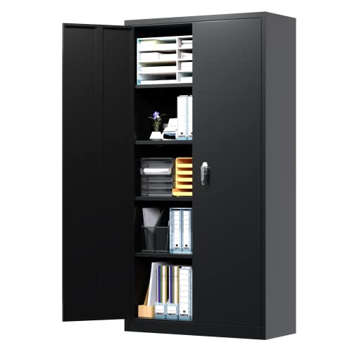 31.5" H Black Steel Lockable Storage Cabinet with 2 Adjustable Shelves N567