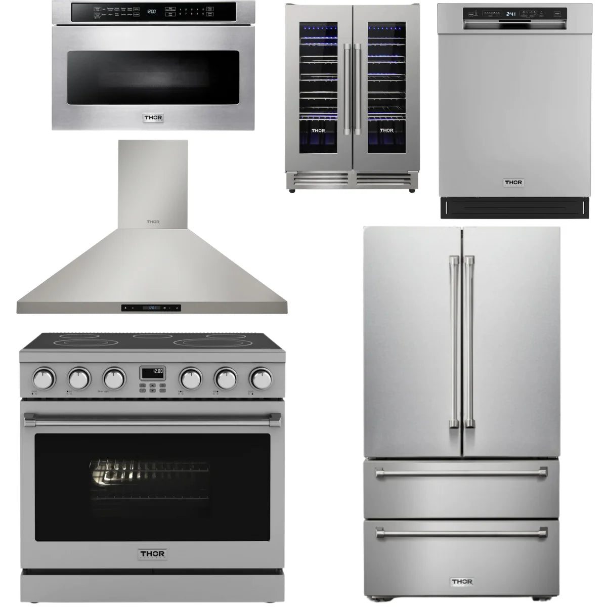 36 Electric Range, Range Hood, Refrigerator, Dishwasher, Microwave and Wine Cooler O8014