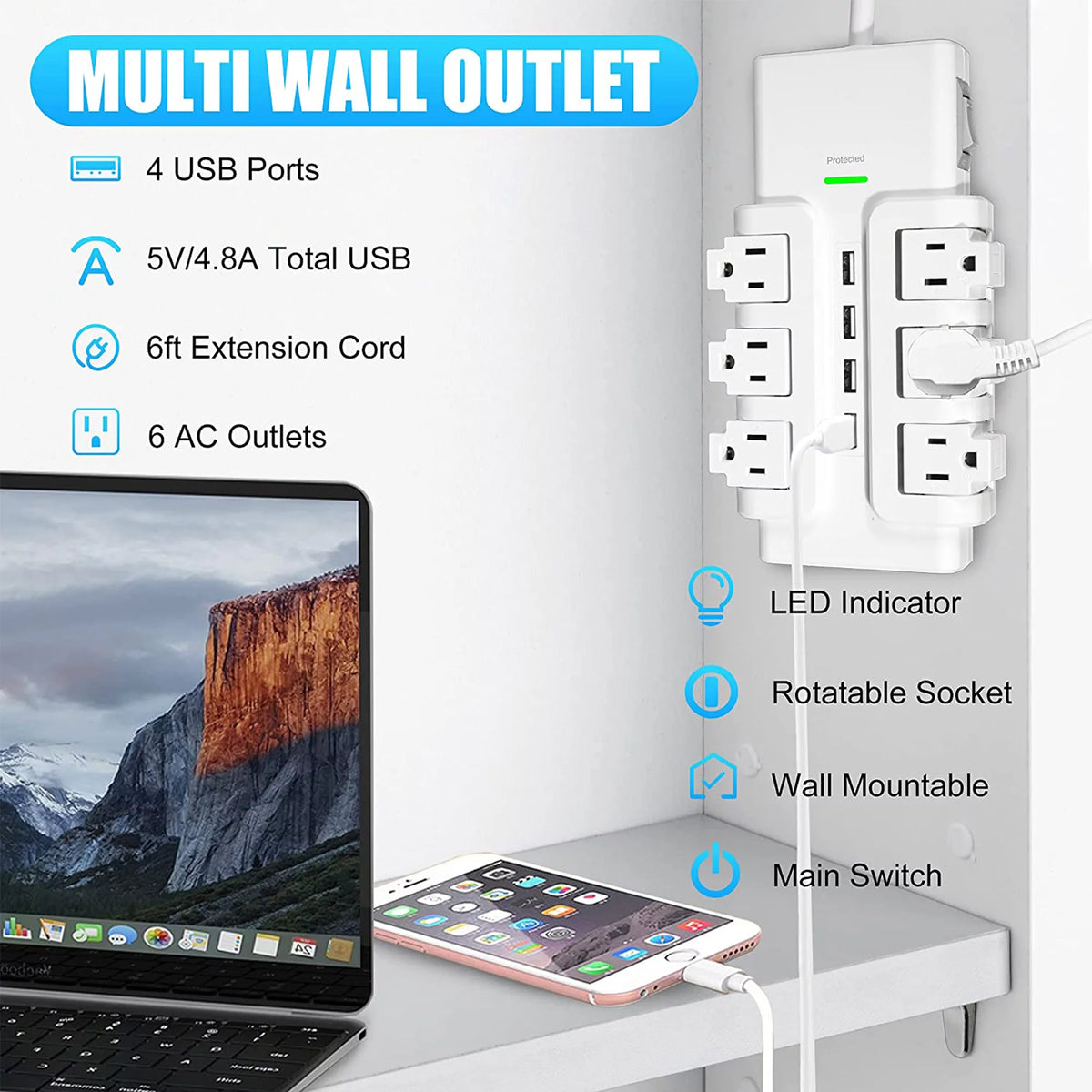 6 Outlet Surge Protector with 4 USB Ports K96564