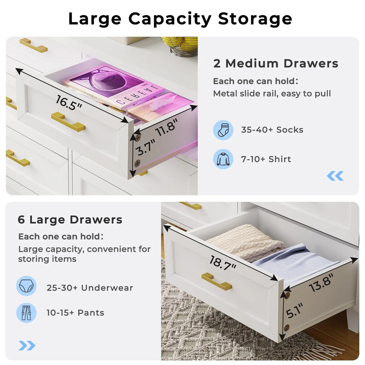 White 8 Drawer Dresser with LED Light A7294