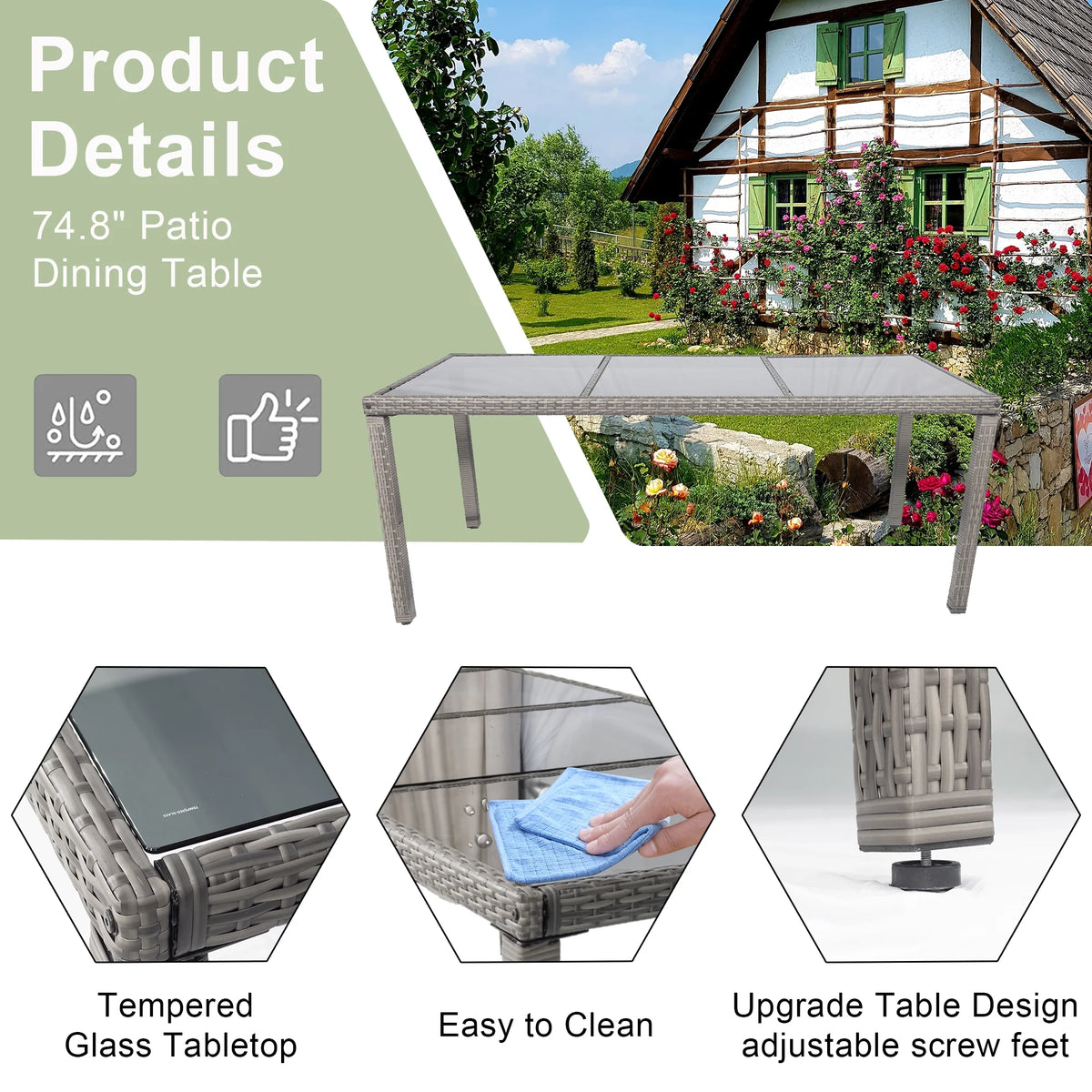 9 Pieces Wicker Outdoor Dining Set with Glass Tabletop and Cushioned Chairs I92990