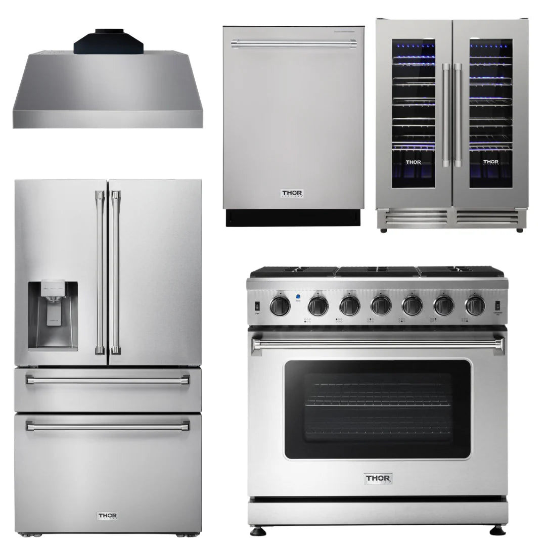 36 Propane Gas Range, Range Hood, Refrigerator, Dishwasher, Wine Cooler E8462