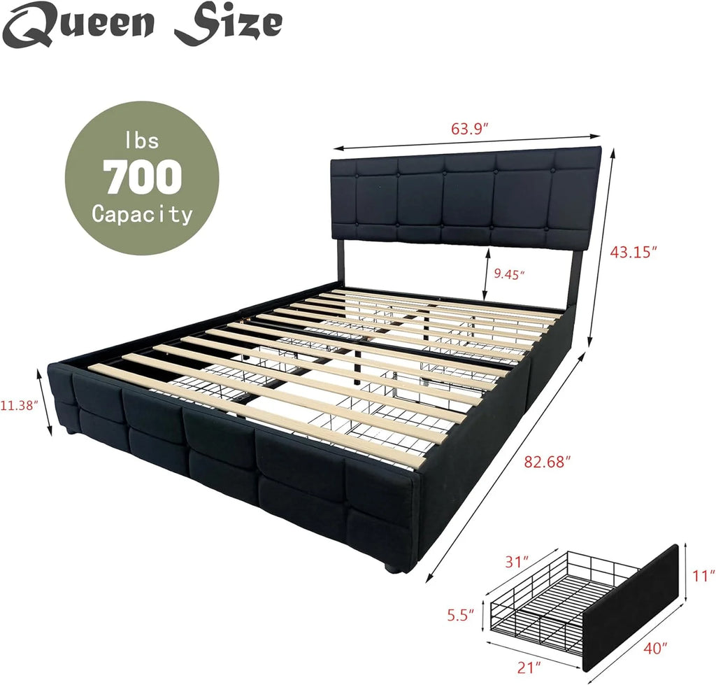 Linen Upholstered Queen Size Platform Bed Frame with 4 Storage Drawers O130761