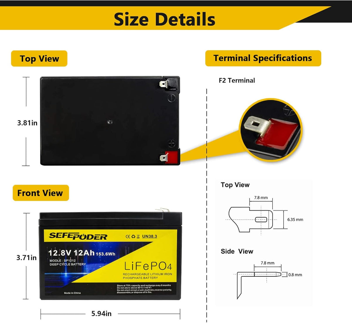 12V 12Ah LiFePO4 Deep Cycle Rechargeable Battery D51913