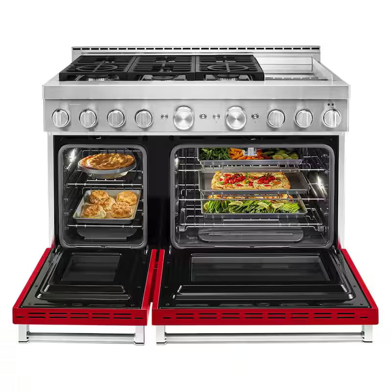 Passion Red Smart Double Oven Gas Range with Griddle P74048
