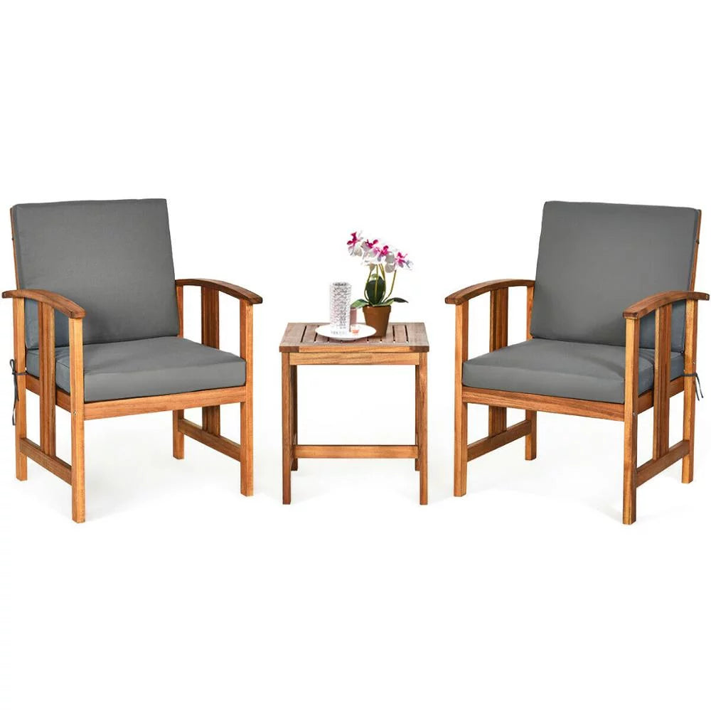 Grey 3PCS Solid Wood Cushioned Outdoor Sofa Set L6812