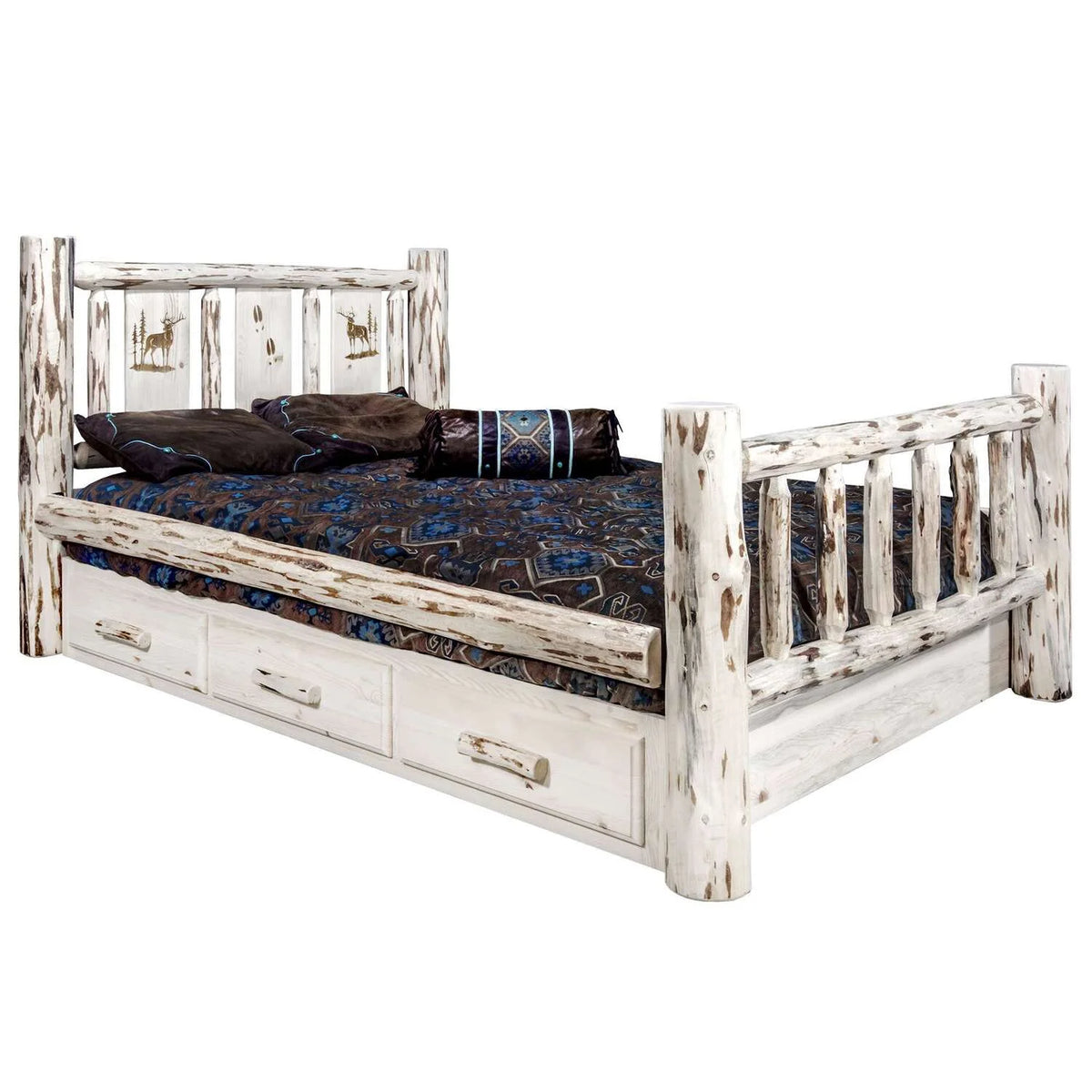 Wood Twin Storage Bed with Engraved Elk Design in Natural H1459