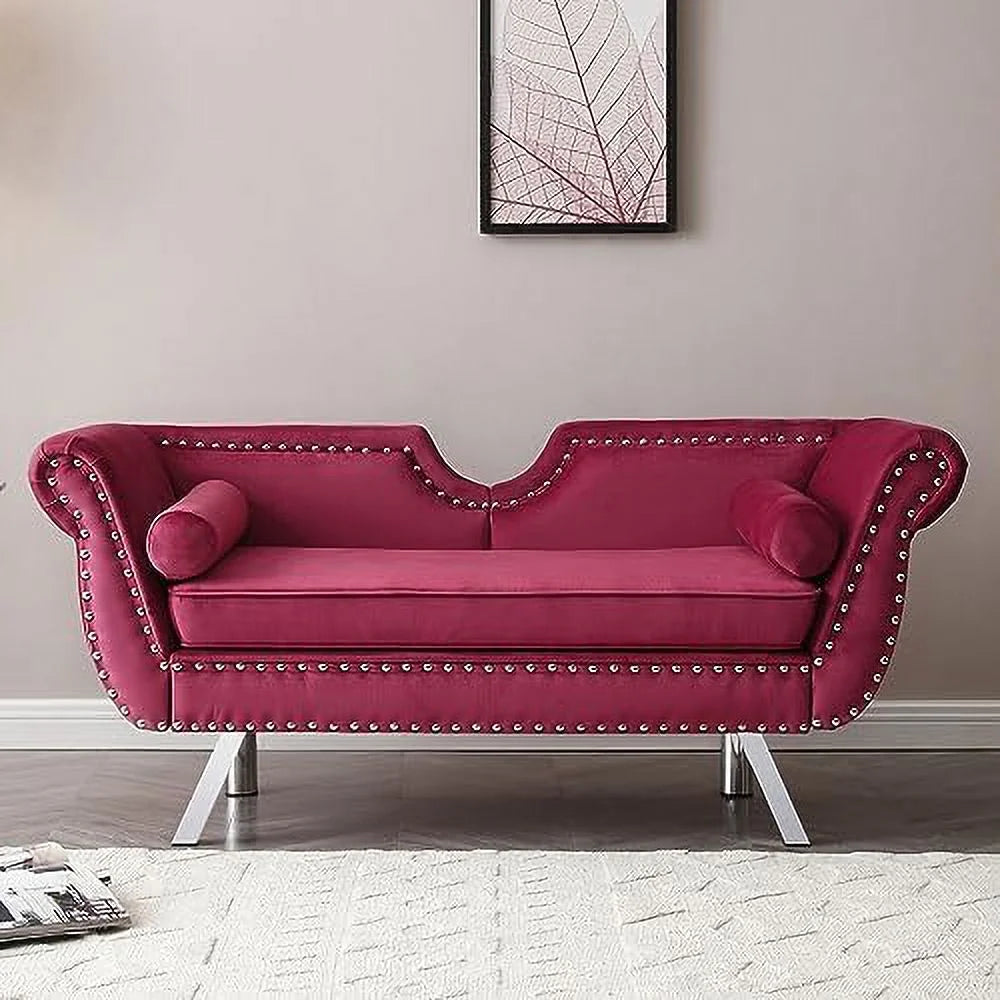 Velvet Ottoman Bench with Back and Silver Metal Legs S411006