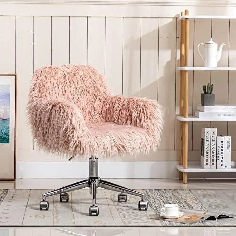 Fluffy Faux Fur Swivel Office Chair with Wheels J993439