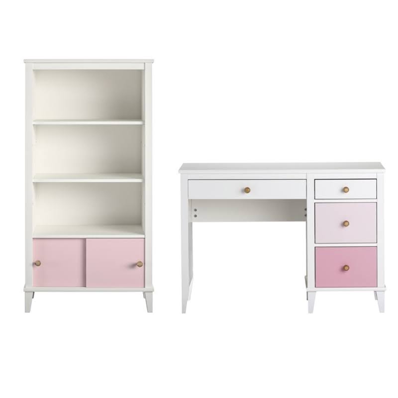 2 Piece Kids Bedroom Set with Bookcase and Desk in White and Pink J5570