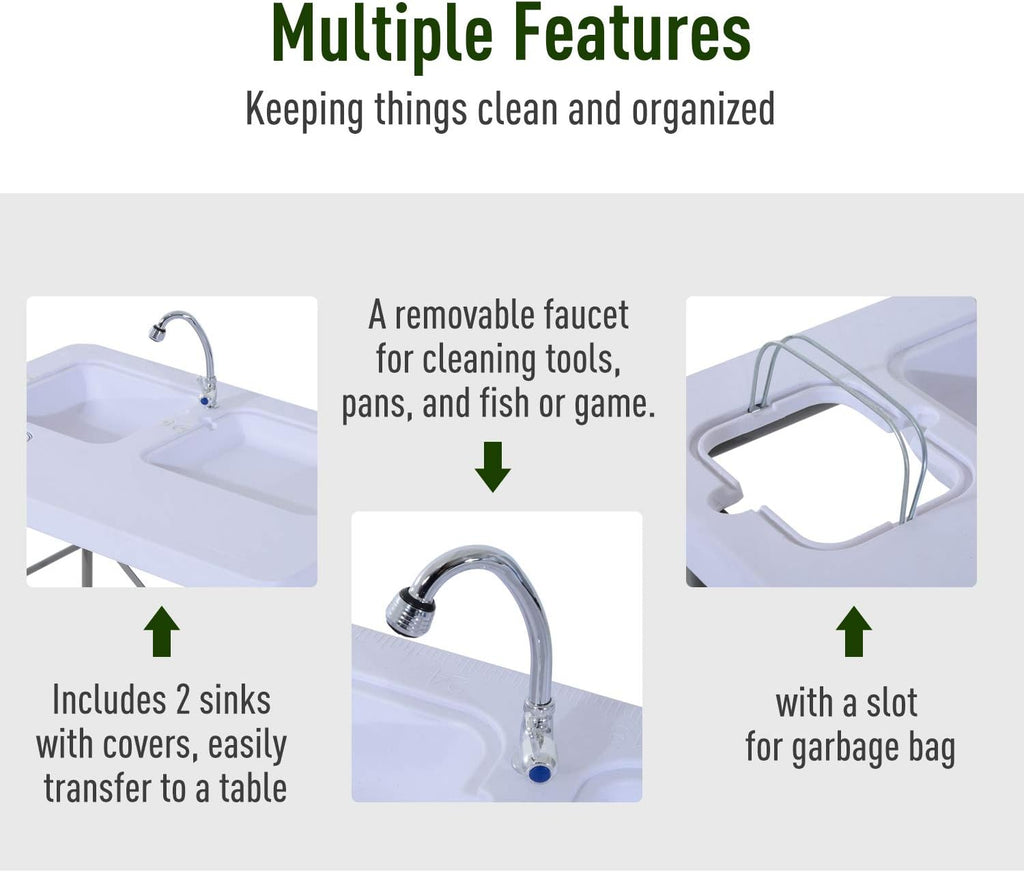 Portable Folding Camping Sink Table with Faucet and Dual Water Basins Y33853