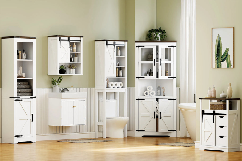 Rustic Oak Antique White Bathroom Storage Cabinet with Sliding Barn Door W848192