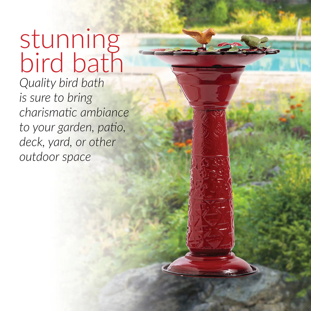 28-Inch Metal Bird Bath with Birds and Leaves, Red K93301