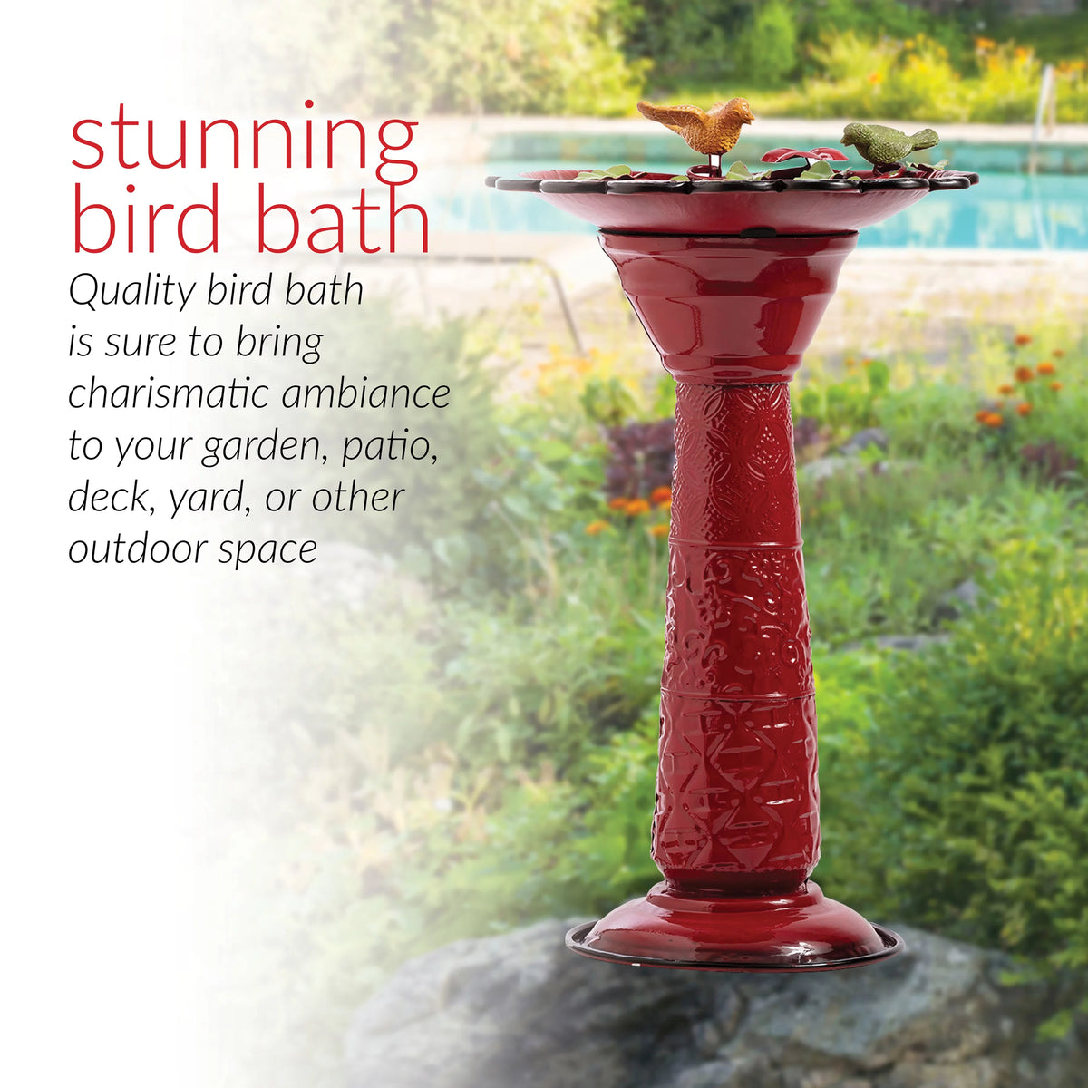 28-Inch Metal Bird Bath with Birds and Leaves, Red K93301