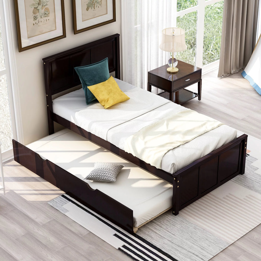Wood Twin Platform Bed with Headboard & Trundle P618