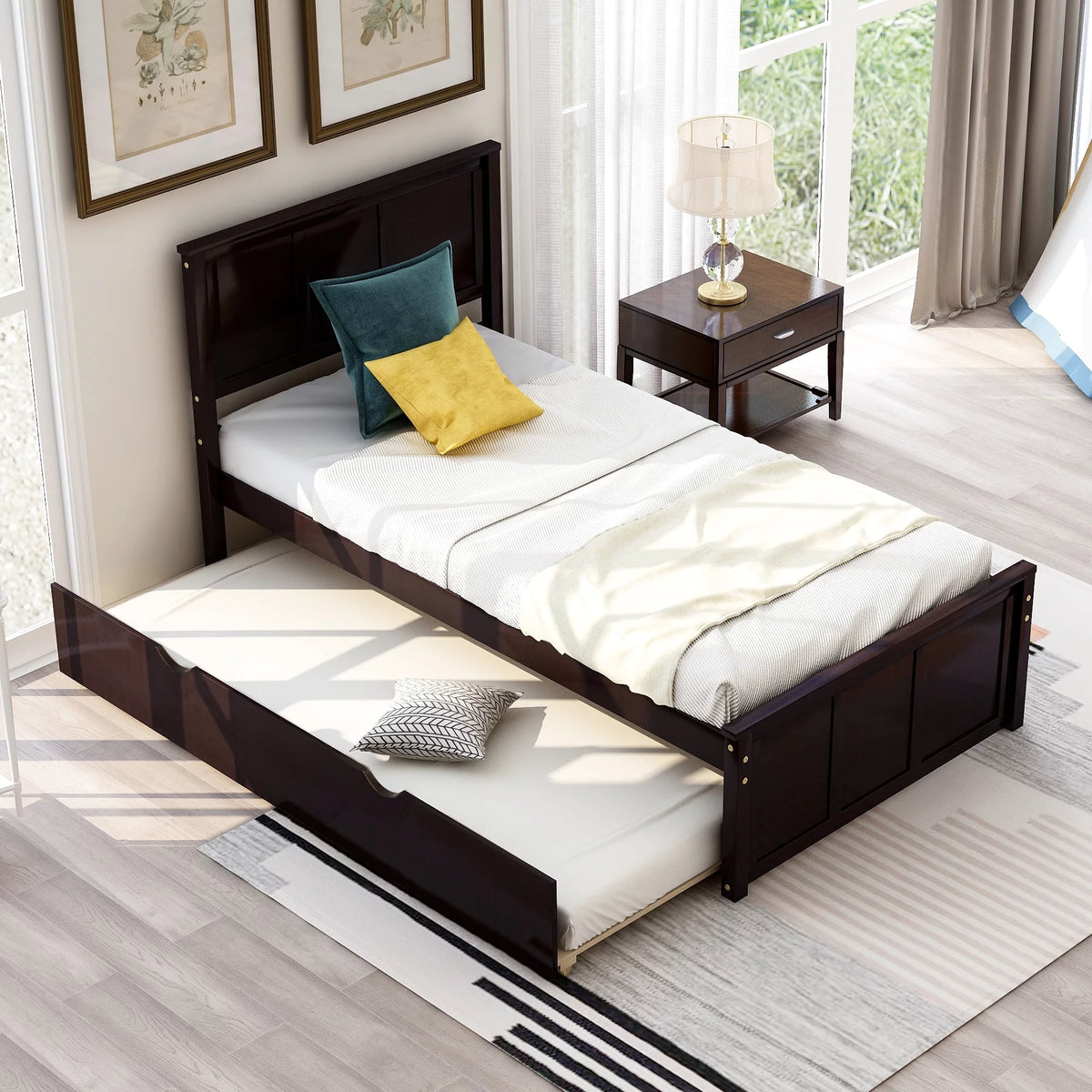 Wood Twin Platform Bed with Headboard & Trundle P618