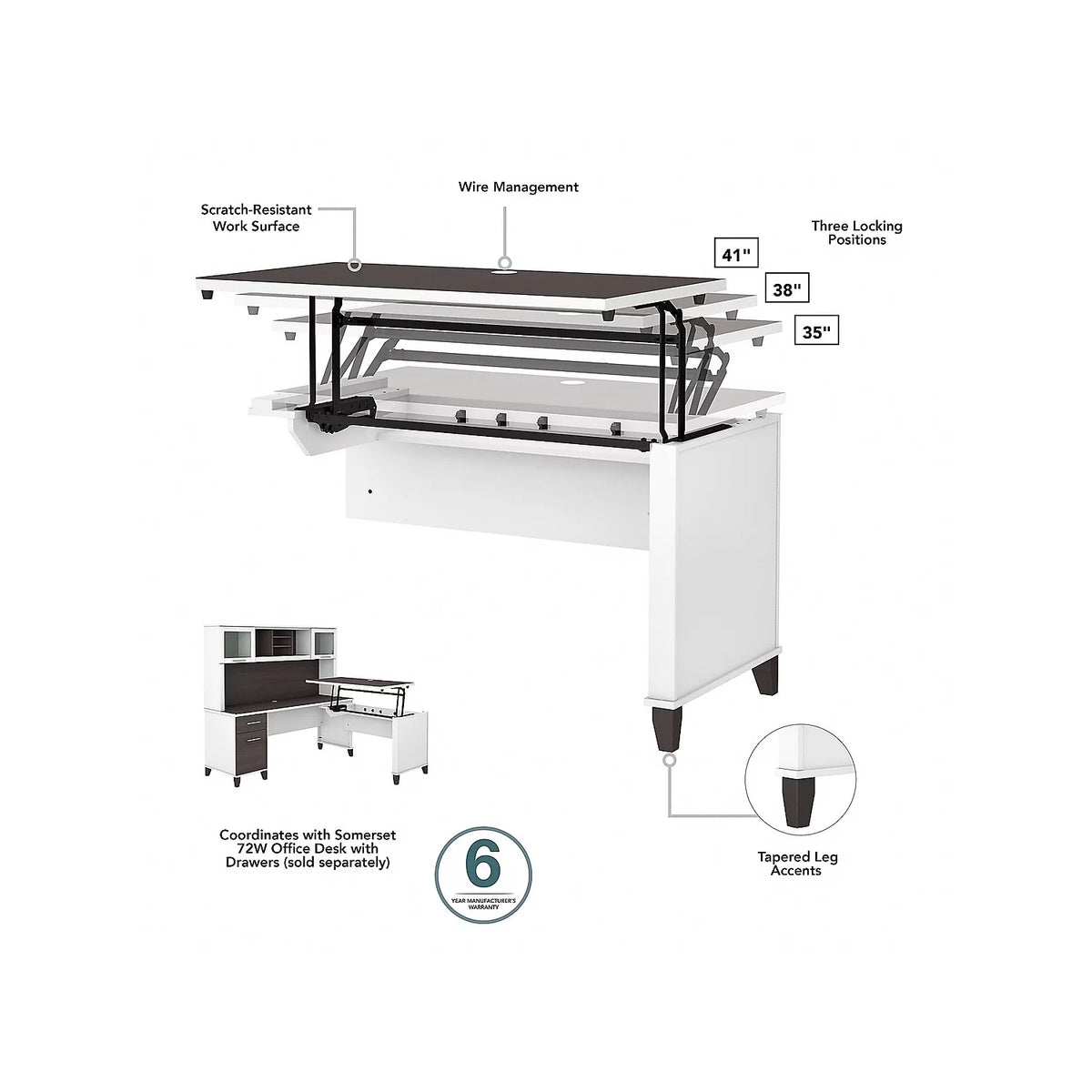 White/Gray Engineered Wood Sit to Stand L Desk Set with Bookcase B797226