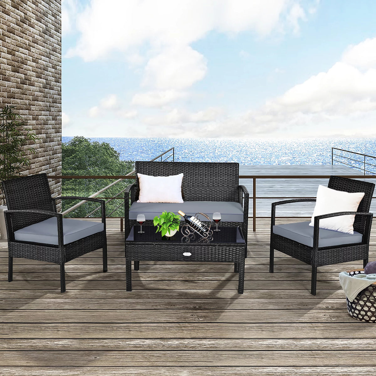 4 Pc Outdoor Patio Rattan Furniture Set Q66453