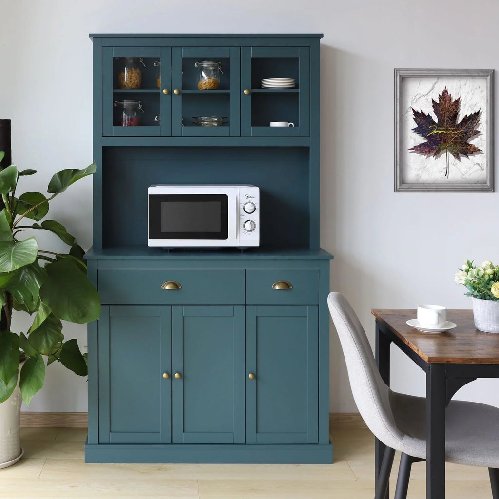 Blue Kitchen Pantry Storage Cabinet with Microwave Stand and Adjustable Shelves E965458