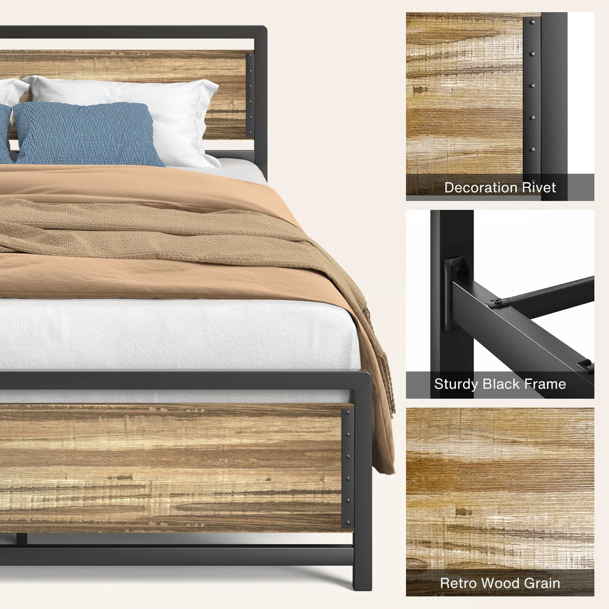 Full Size Bed Frame with Headboard, Under-Bed Storage, Gray E199