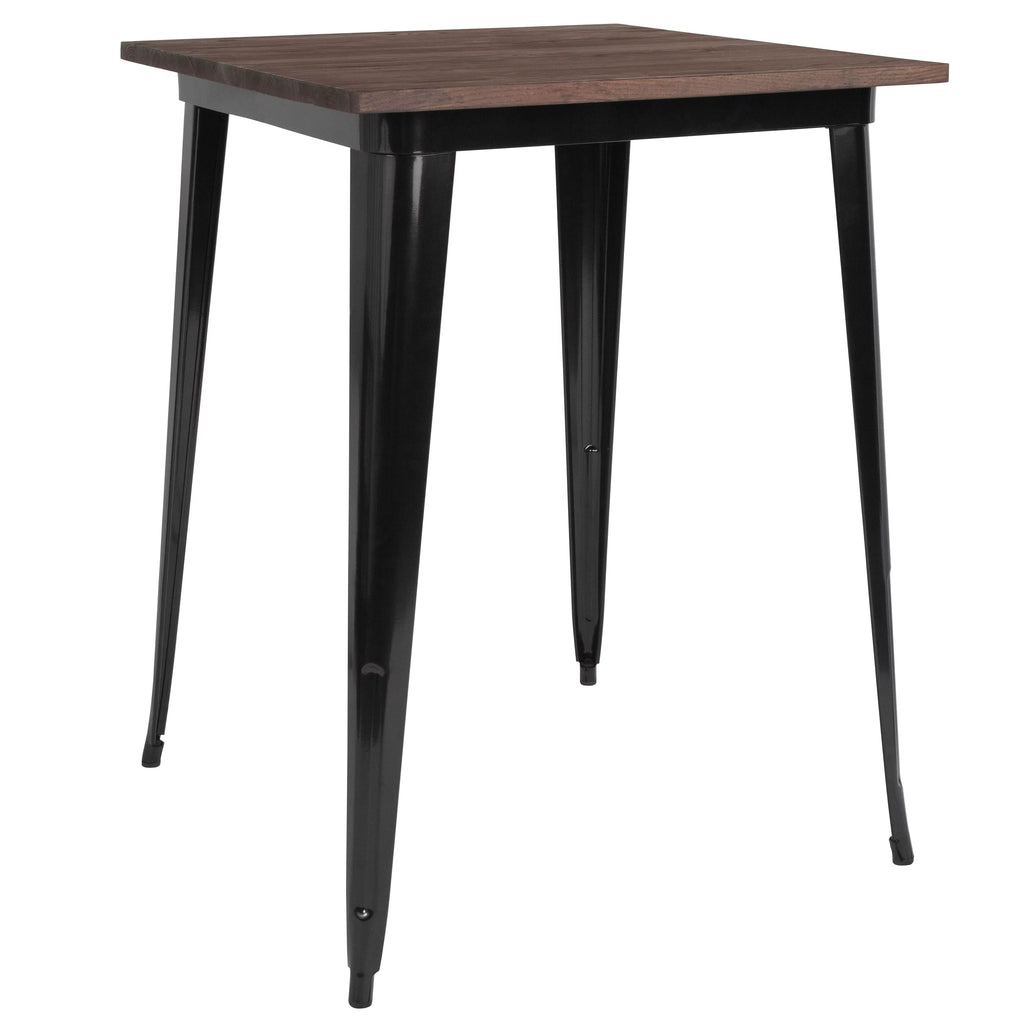 31.5" Square Black Metal Bar Height Table with Walnut Rustic Wood Top A882