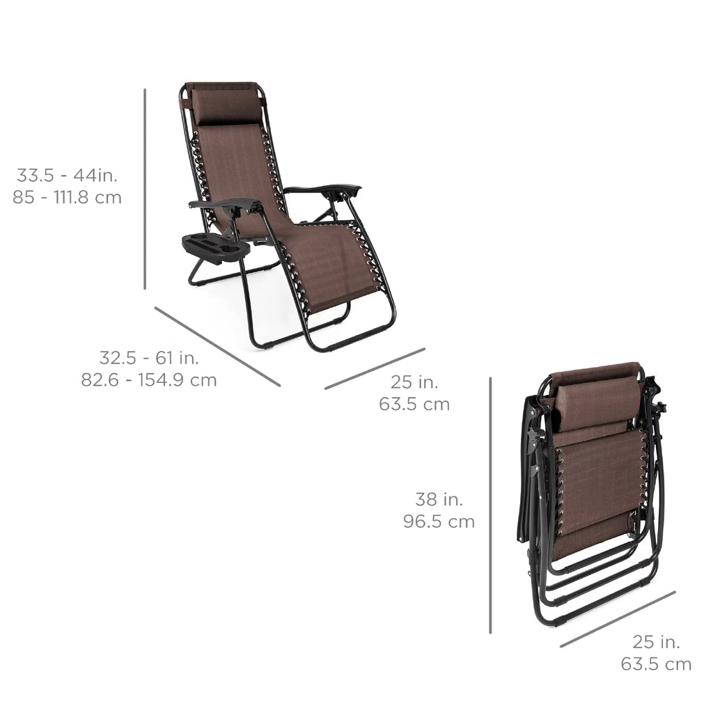 Set of 2 Brown Zero Gravity Lounge Chair Recliners with Cup Holder Tray Y4248