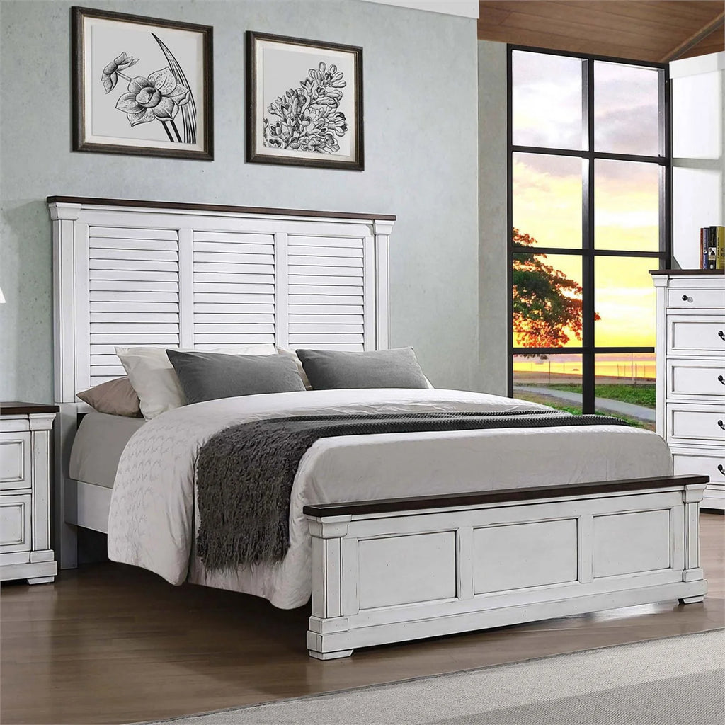 Wood Farmhouse Eastern King Panel Bed White Finish I8393