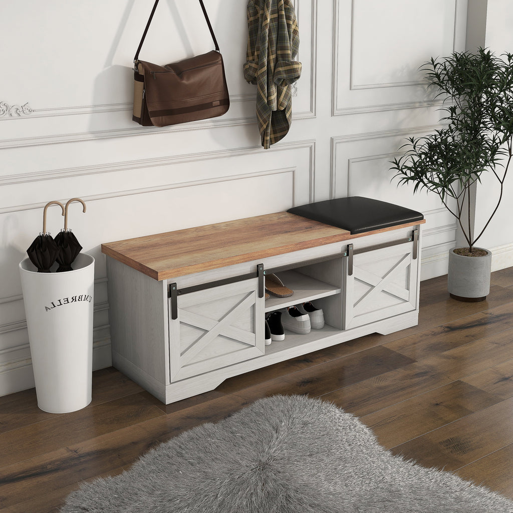 White 47-inch Shoe Storage Bench with Sliding Barn Door L9998