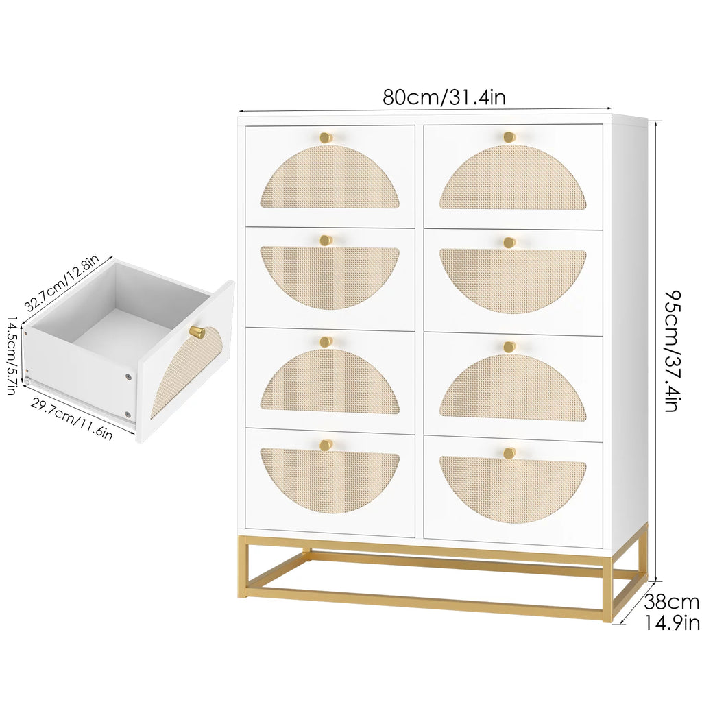 White 8 Drawer Rattan Wood Dresser B890