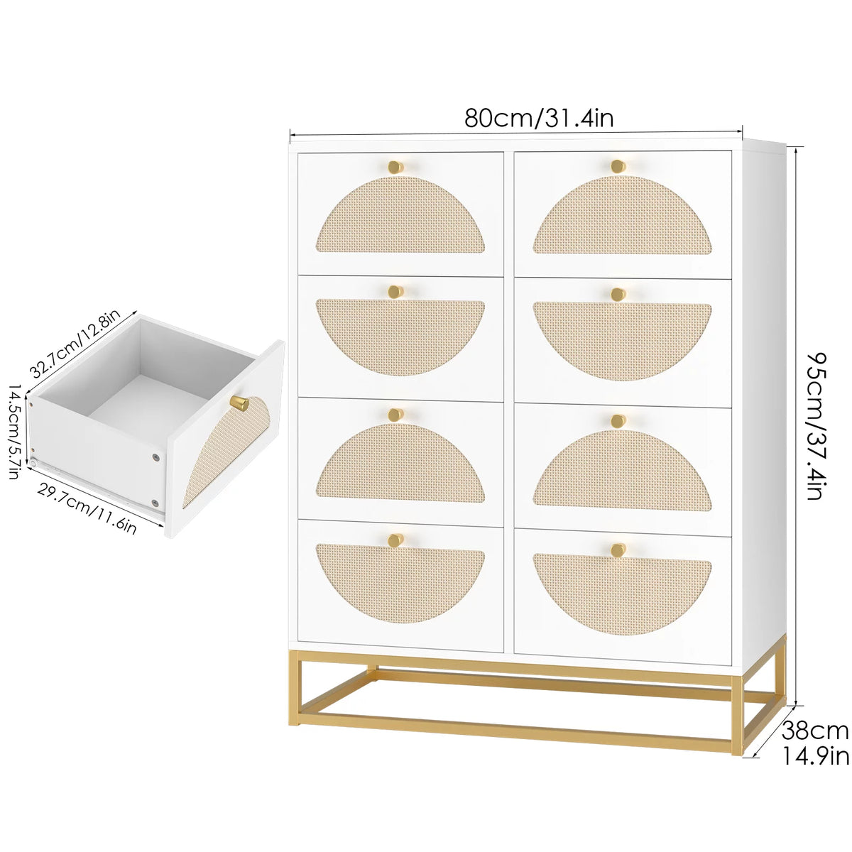 White 8 Drawer Rattan Wood Dresser B890
