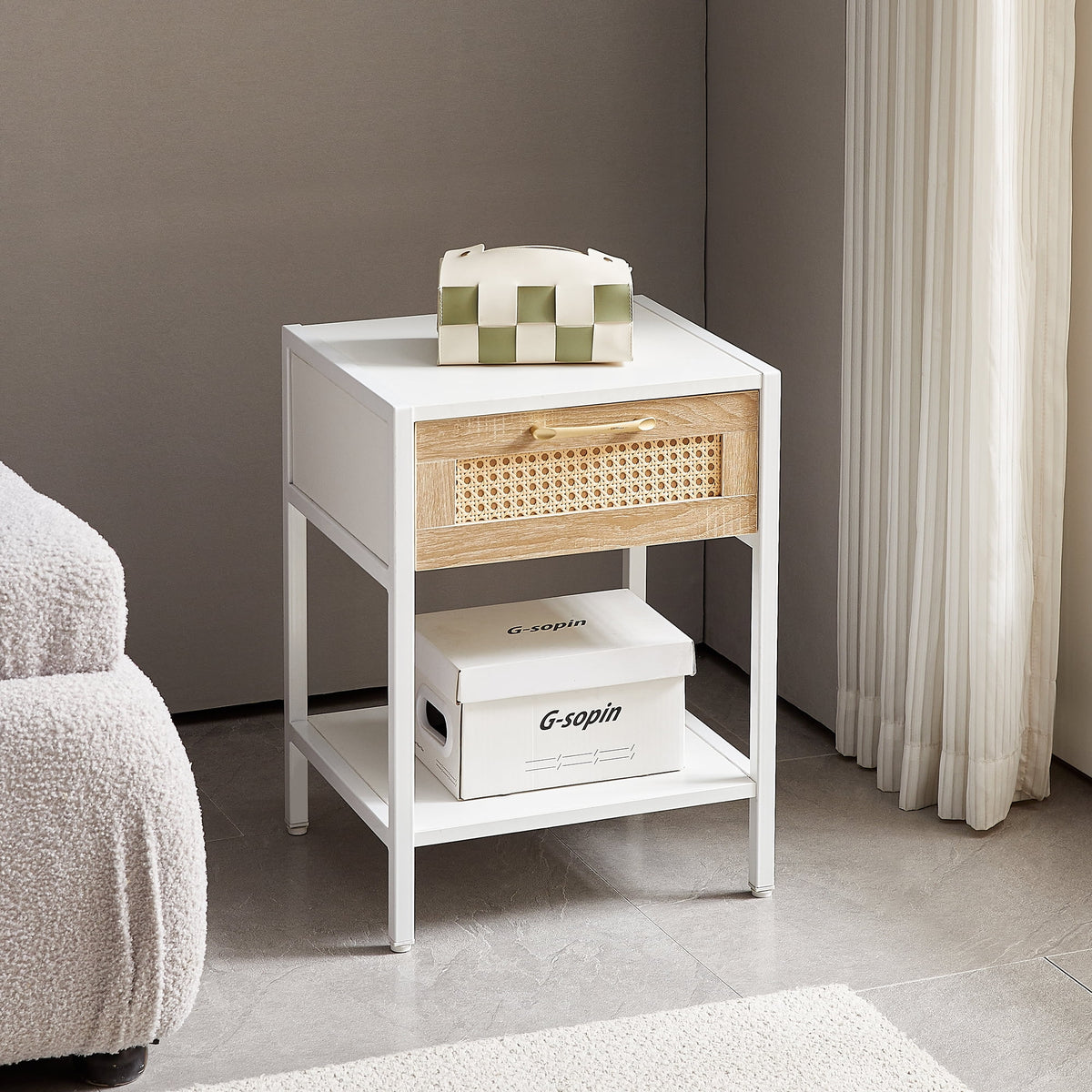 15.74" White Rattan Nightstand with Drawer E41212