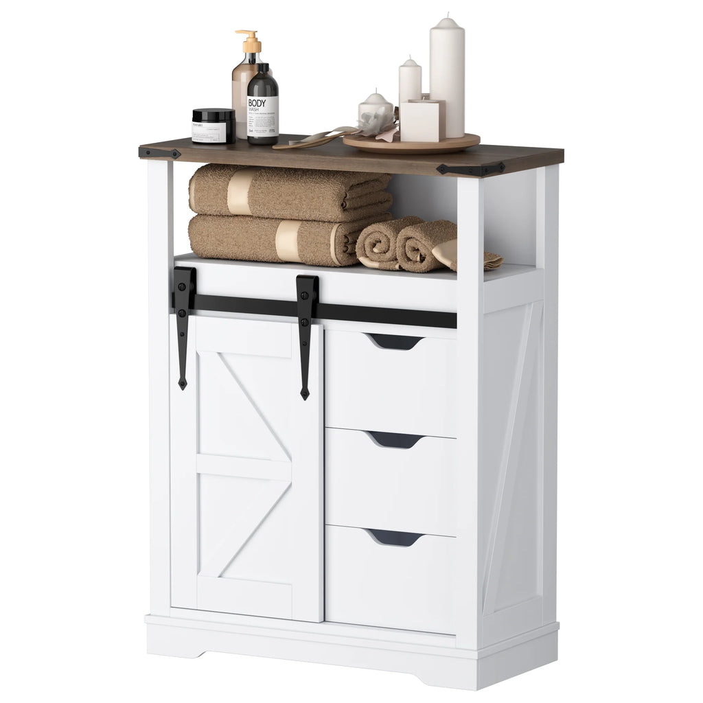 Rustic Oak Antique White Bathroom Storage Cabinet with Sliding Barn Door W848192