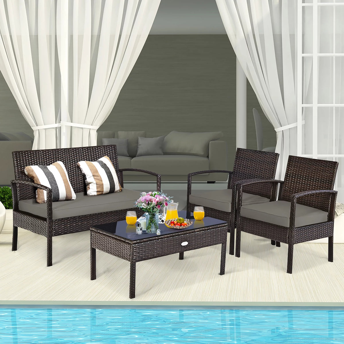 4 Pc Outdoor Patio Rattan Furniture Set Q66453