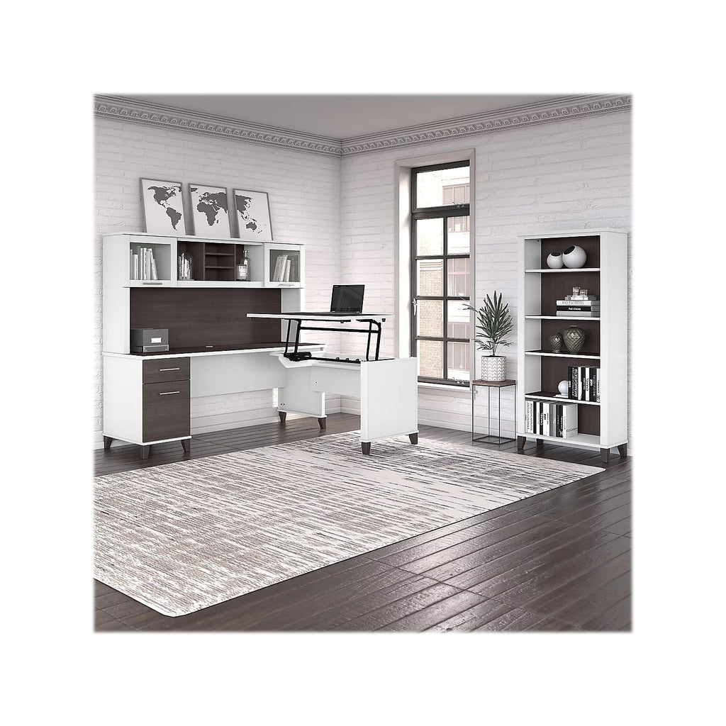 White/Gray Engineered Wood Sit to Stand L Desk Set with Bookcase B797226