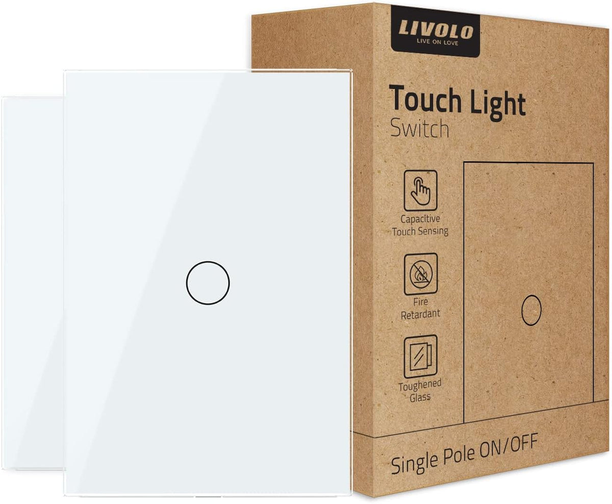 White 1 Gang 1 Way Tempered Glass Touch Light Switch, 2 Pack S5220
