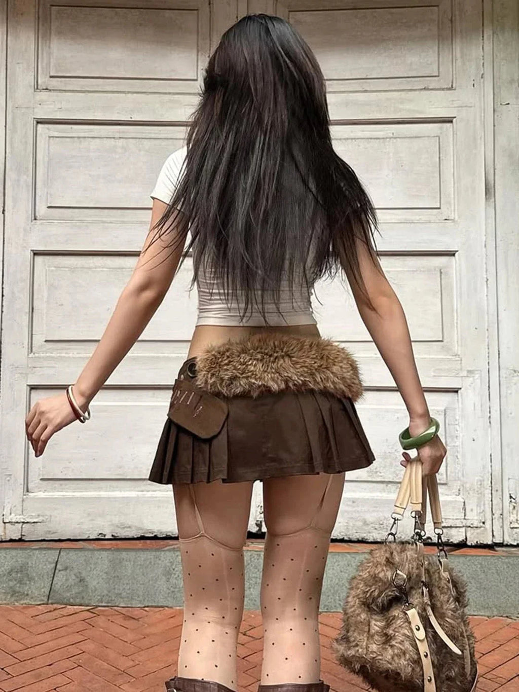 Lace Up Fur Belt Mini Skirt Q31785