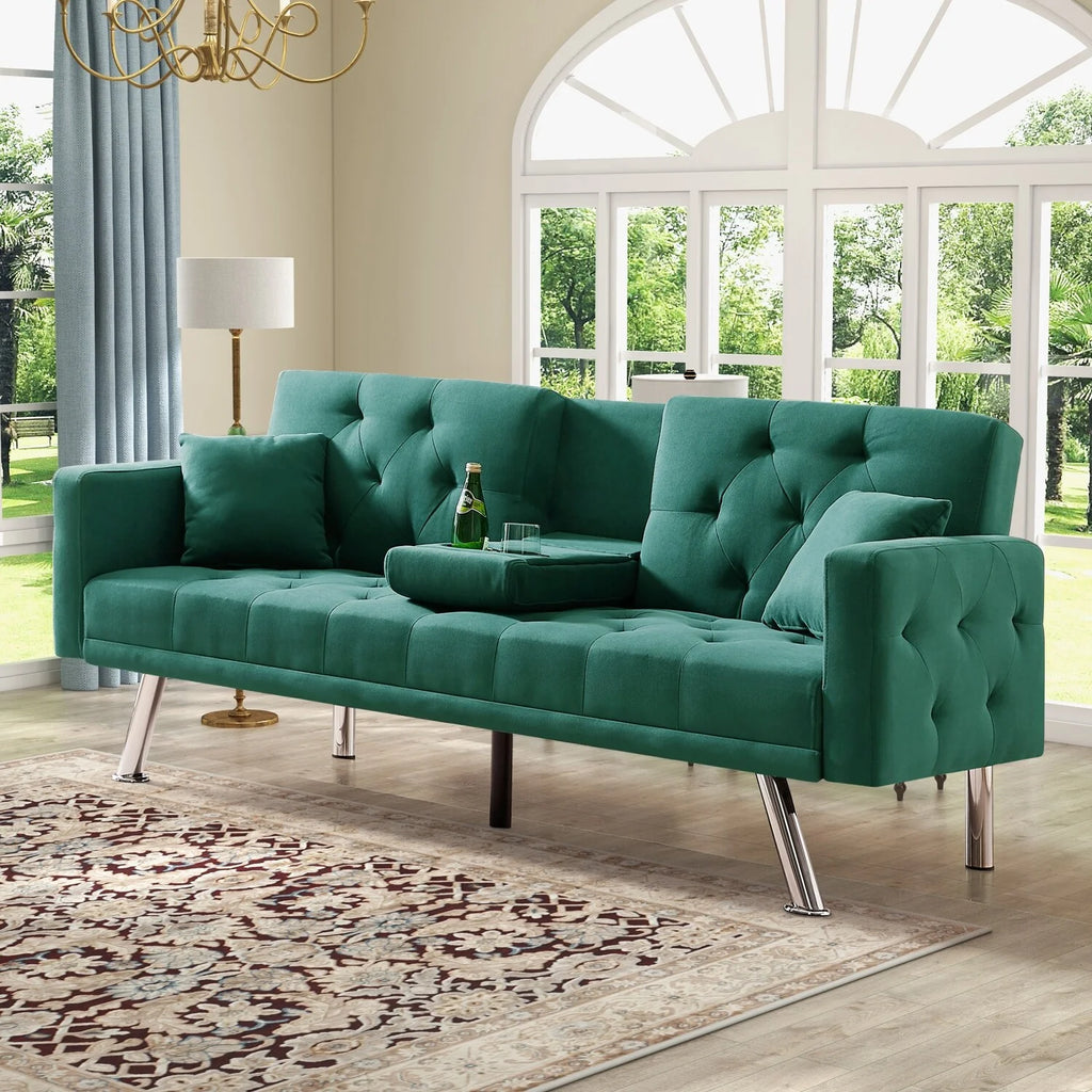 76 Inch Green Linen Convertible Futon Sofa Bed with Cup Holders E85801