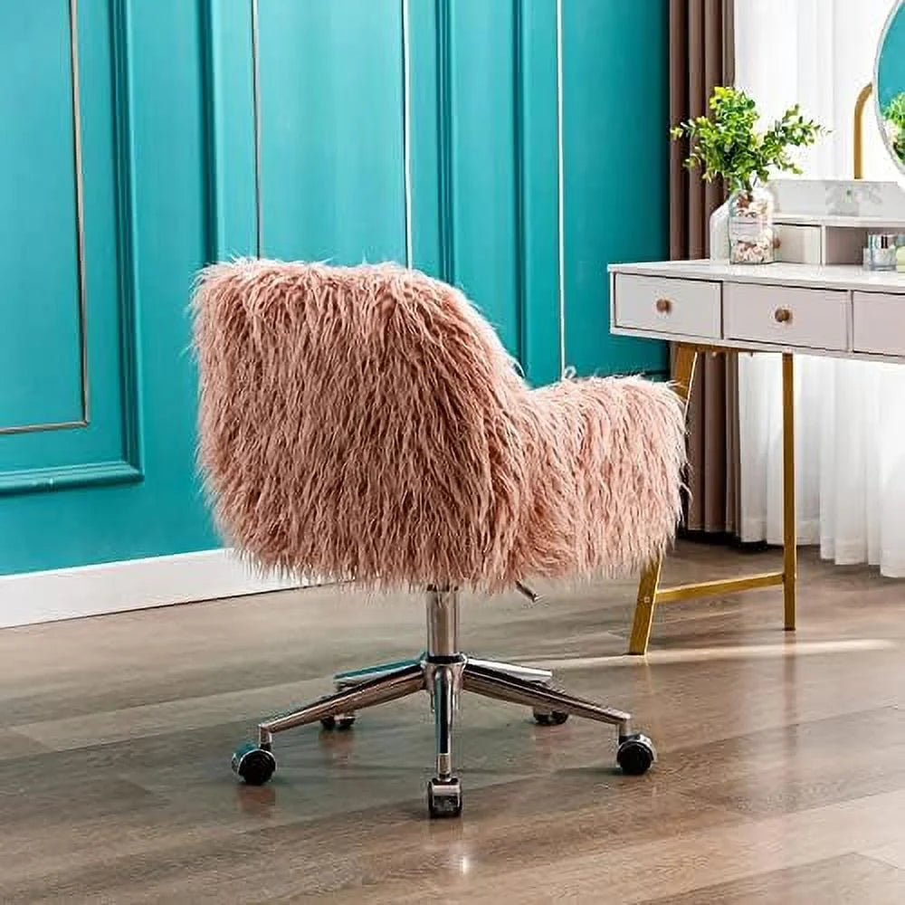 Fluffy Faux Fur Swivel Office Chair with Wheels J993439