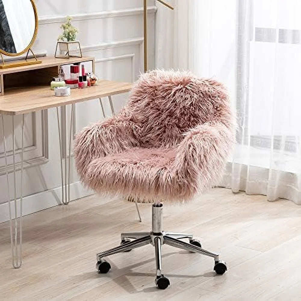 Fluffy Faux Fur Swivel Office Chair with Wheels J993439