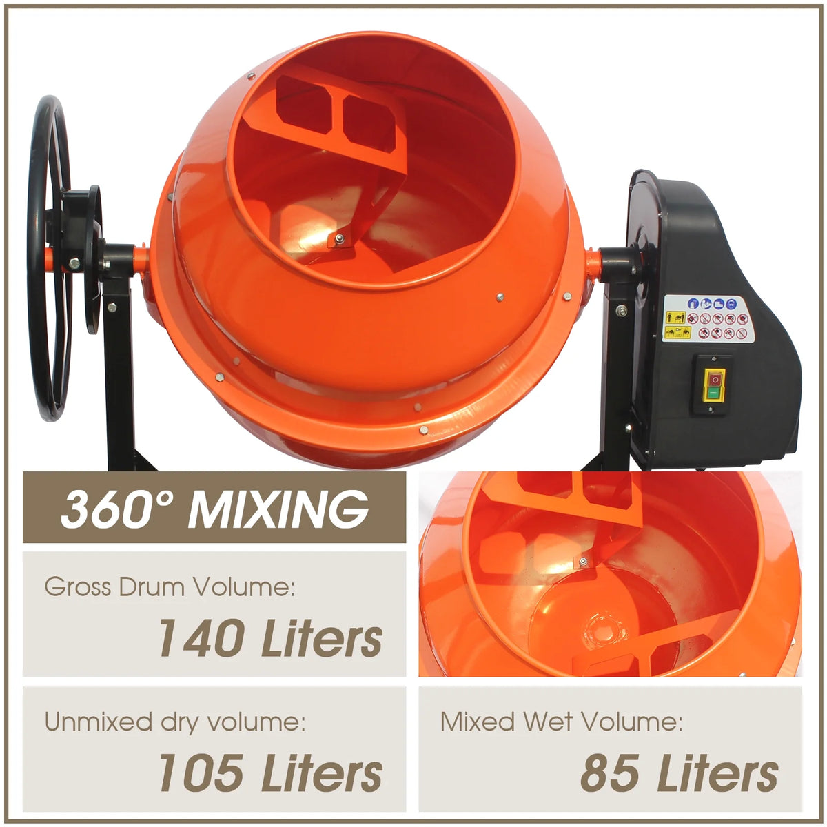 4/5HP Electric Concrete Cement Mixer 5 Cu Ft Portable R8300