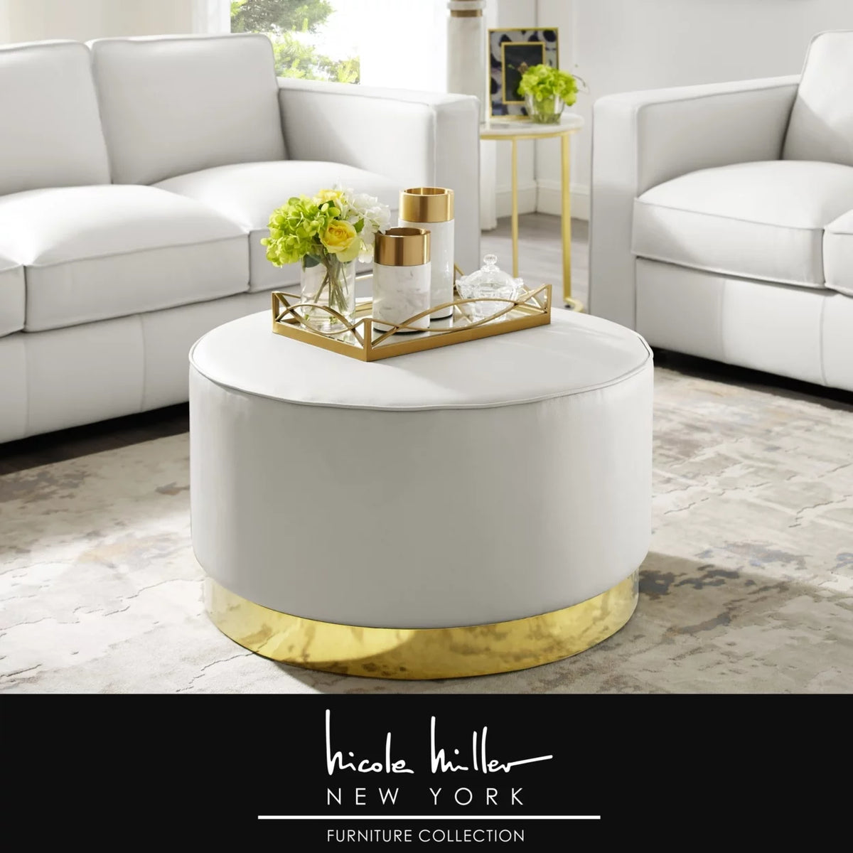 Leather or Velvet Cocktail Ottoman with Chrome or Gold Trim Base Y627
