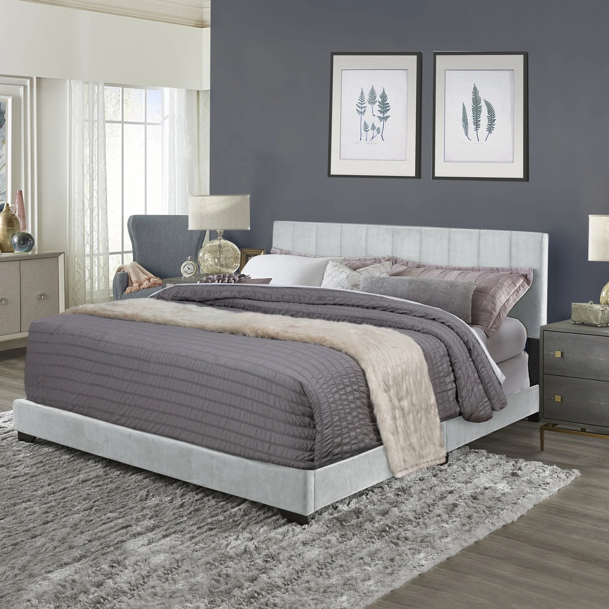 Ivory Channel Stitched Upholstered Queen Bed C7243
