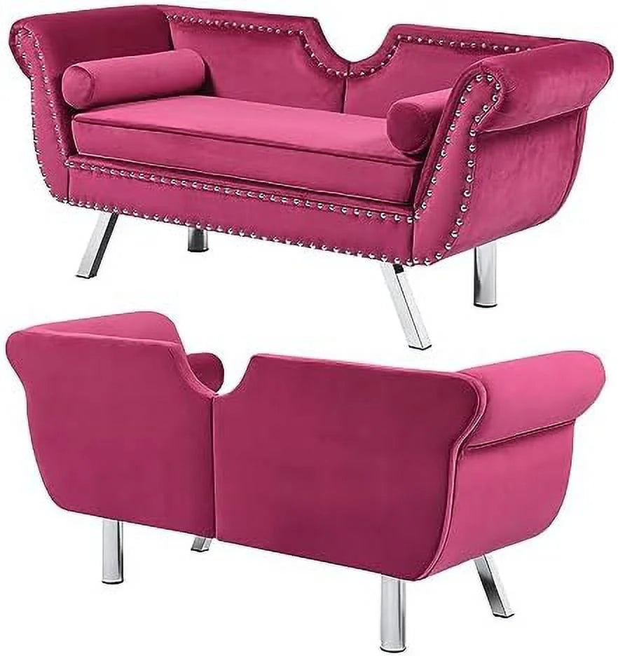 Velvet Ottoman Bench with Back and Silver Metal Legs S411006